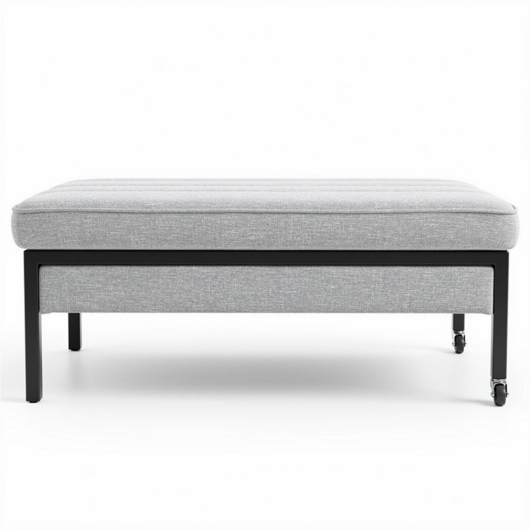 Sitzbank aus grauem stoff mit schwarzen rollen 90 x 60 x 45cm