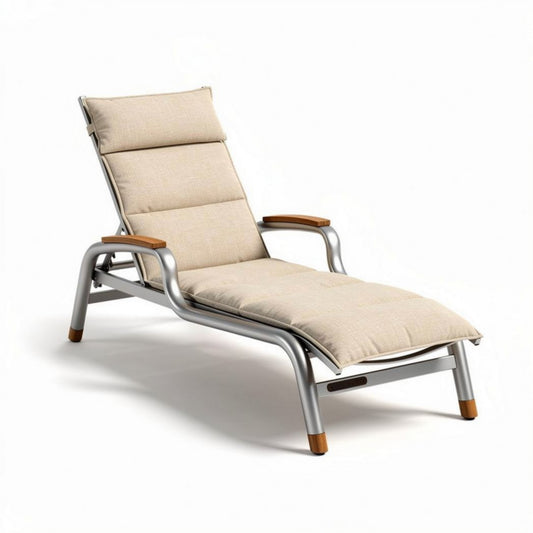 Lounge-stuhl aus aluminium mit beige polsterung und armlehnen 150 x 60 x 80cm
