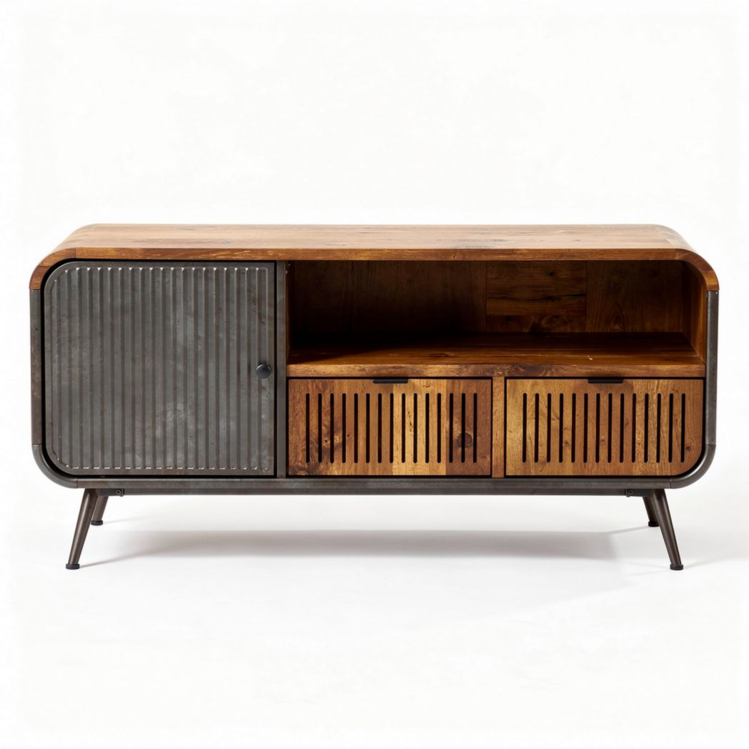 Tv-unterstand mit holz- und metalloberfläche in braun und grau 100 x 40 x 50cm