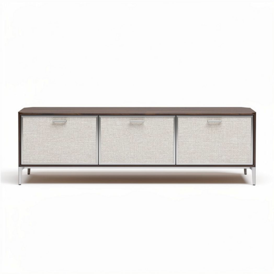 Fernsehtisch aus Holz und Stoff in braun und beige 150 x 40 x 50 cm