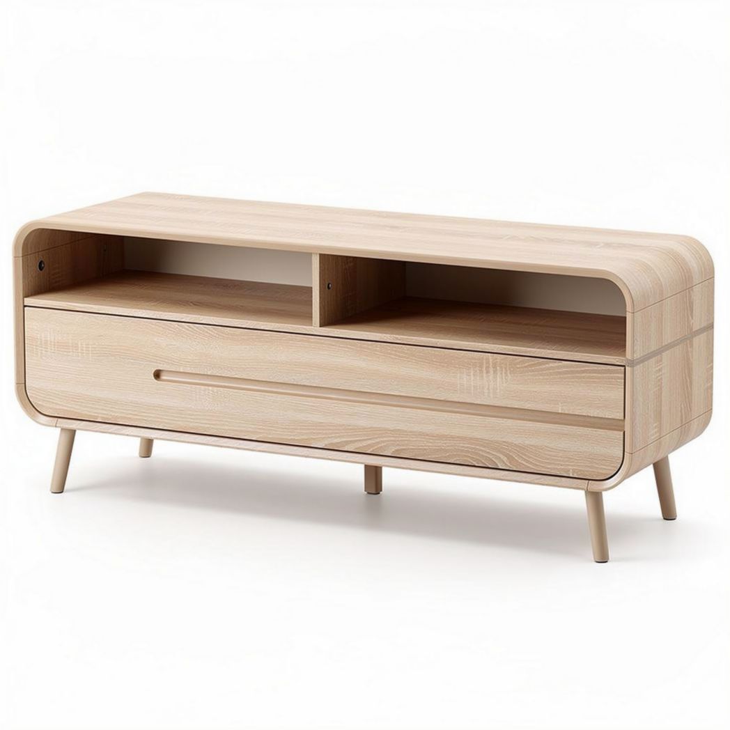 Fernsehschrank aus hellbraunem Holz mit zwei Schubladen und offenen Fächern 150 x 40 x 50cm
